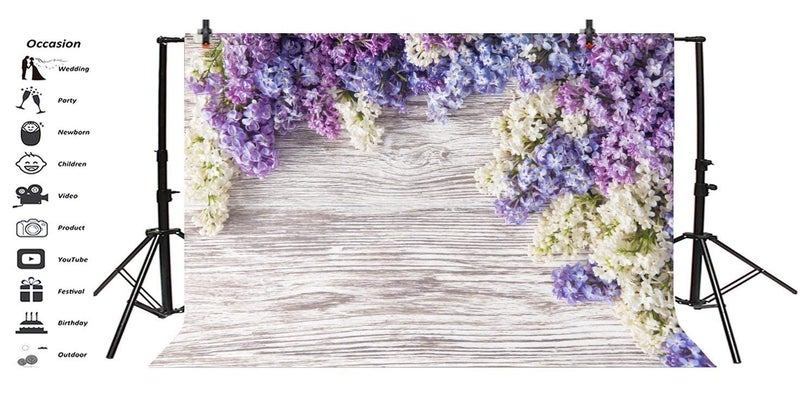 LFEEY 7x5ft Wooden Plank Photography Backdrops Purple Lilac Flowers Rustic Vintage Wood Wall Newborn Baby Shower Girls Adult Portrait Photo Background Kids Birthday Party Decor Photoshoot Studio Props - Image 3